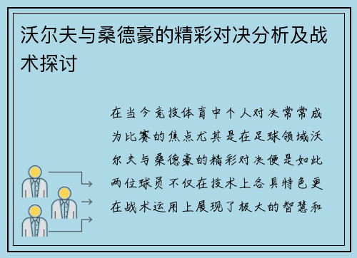 沃尔夫与桑德豪的精彩对决分析及战术探讨